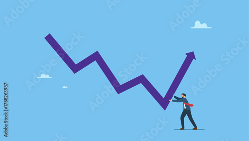 Businessman investor push arrow graph and chart to be back rising up. Leadership to lead business growth in market downturns, entrepreneur or investor skill to manage to earn more profit.