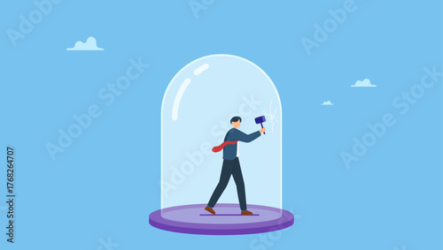 Businessman inside the glass try so hard to break boundary. Business constraints, limitation or stagnant, restriction, prohibition or difficulty prevent from improvement or success.