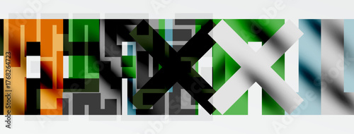 Abstract geometric composition. Overlapping rectangles create complex visual texture. Colors include green, orange, gray, blue. Minimalist design.