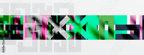 Abstract geometric composition. Vibrant colors blend, creating dynamic visual texture. Shapes overlap, forming complex patterns. Minimalist design.