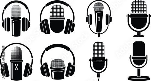 Podcast microphone vector set audio equipment studio recording icon