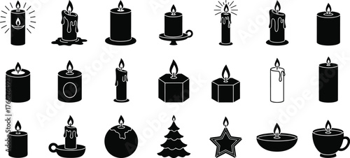 Candle vector set silhouette black and white flame wax light icon