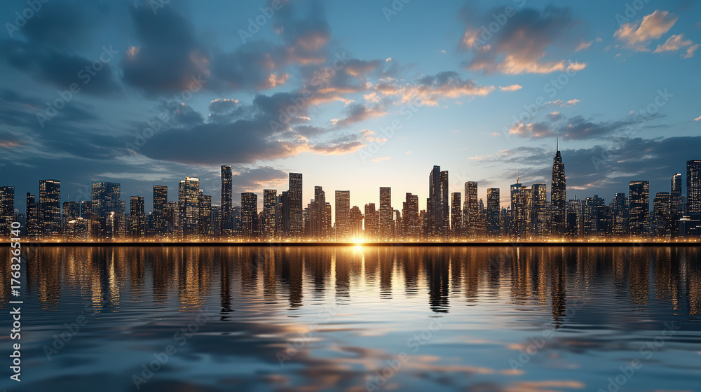 Obraz premium Futuristic city skyline glowing clear sky, reflecting water surface, creating serene atmosphere