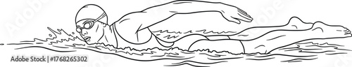 Female swimmer in freestyle stroke, line art vector illustration for fitness, competition, or aquatic sports themes, minimalist black and white design showing motion and water splash