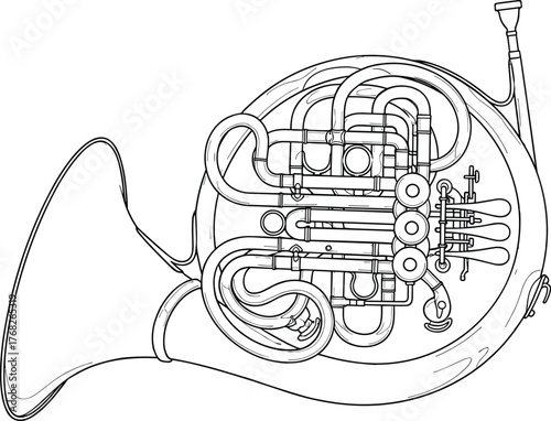 French horn musical instrument vector line art, detailed outline illustration perfect for music education, band programs, orchestral design, and brass instrument themes.