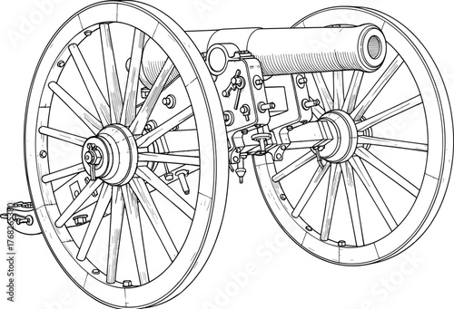 Historical field cannon with wooden spoked wheels, detailed line art vector illustration for military history, education, or war theme designs, clean technical drawing style