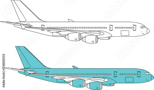 Minimalist line art vector illustration of two passenger airplanes, one outlined and one colored teal, clean design for travel, aviation, or transportation concepts, modern simple style