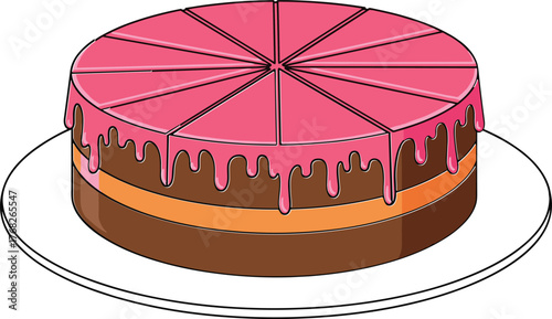 Pink frosted chocolate cake sliced into portions, sweet dessert illustration perfect for birthdays, celebrations, bakery menus, and party food design themes.