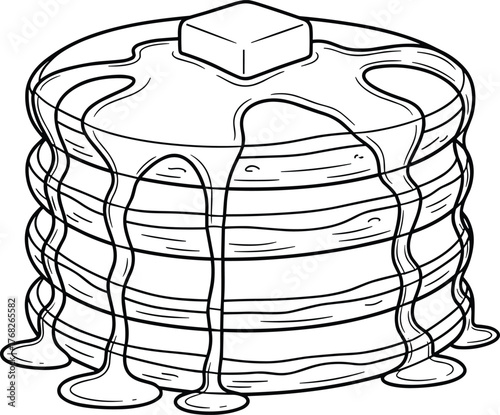 Stack of fluffy pancakes with melting butter and syrup drizzling down, classic breakfast illustration perfect for menus, recipes, and morning food themes.