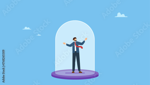 Depressed businessman imprison or covered in small glass dome. Business stagnation with no growth, obstacle or limitation in career development, punishment with no freedom in business.