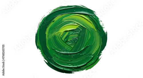 Abstract green sphere of textured brushstrokes on a clean white backdrop creating a vibrant and