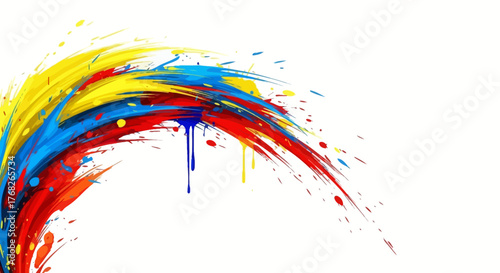 Dynamic chromatic arc: an abstract explosion of vibrant pigments on bright backdrop