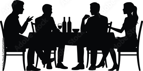 Dining table silhouette, people talking and drinking, social interaction vector, wine bottle scene, cad drawing flat vector illustration