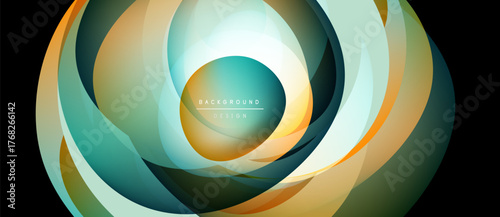 Abstract layers create dynamic circular design. Teal, gold, green hues blend, forming modern background. Light radiates from center.