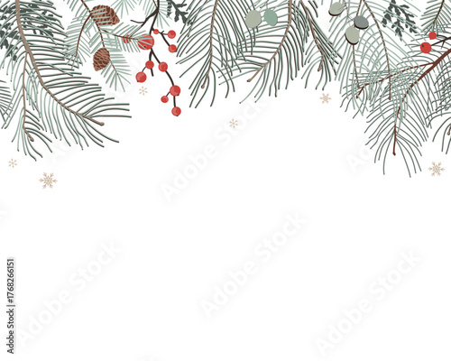 Christmas floral frame border, Happy Holidays invitation card design vector. Elegant Happy New Year card with pine leaves, branches, snowflakes on white background.