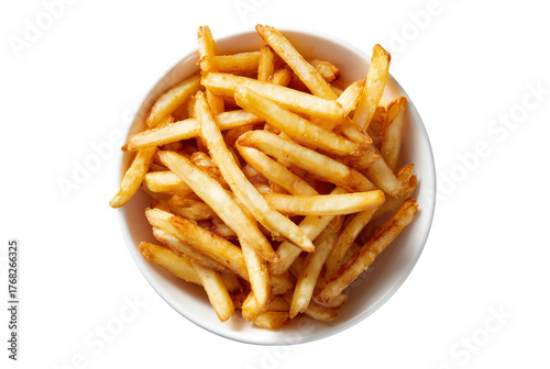 Crispy golden french fries piled high in a white bowl isolated on transparent background