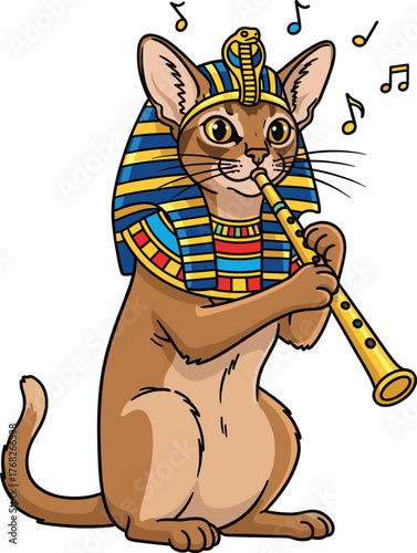 Egyptian cat flute illustration, cartoon pharaoh pet musician in nemes headdress, funny animal artwork, whimsical cultural design, vector heritage background