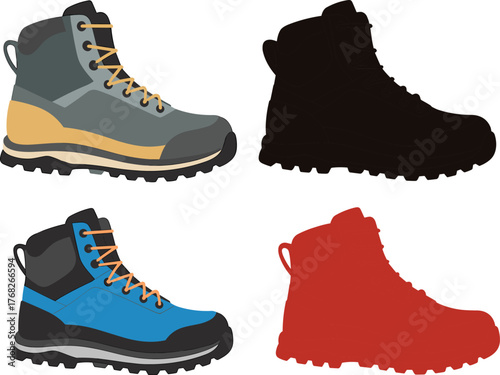 Hiking boots footwear illustration, outdoor shoes design, trekking gear vector, mountain climbing equipment, adventure footwear collection, rugged sole detail, fashion template