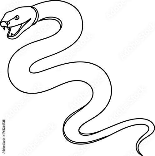 Black and white vector illustration of coiled snake with open mouth, fangs, forked tongue, stylized reptile drawing for symbolism and biology