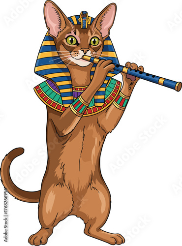 Egyptian pharaoh cat flute illustration, cartoon animal musician in nemes headdress, funny pet artwork, whimsical cultural design, vector heritage background