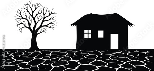 Drought cracked earth dry tree house black and white illustration