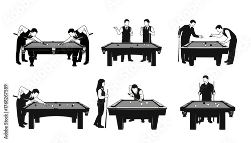 playing a game of billiard, supportive, less lonely, black and white, faceless, Silhouette, Vector art style, Flat design illustration, clean outline.