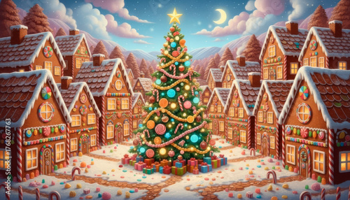 Charming winter village with a decorated Christmas tree, capturing the spirit of holiday joy