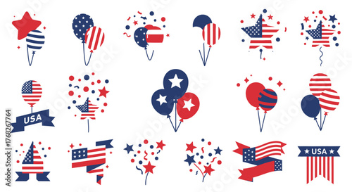 Vibrant red, white, and blue patriotic celebration design elements collection, featuring festive balloons, sparkling confetti, stars, and ribbons perfect for national holidays and events