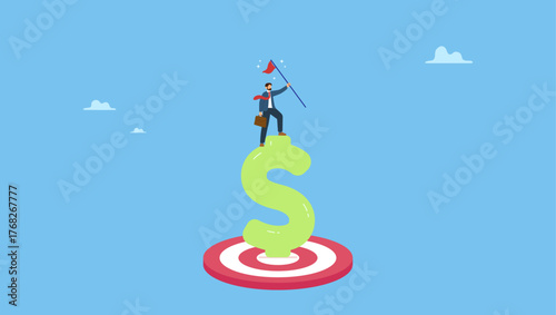 Confidence businessman holding winner flag on top of dollar money target. Achieve financial goal, success investment or make money target, win wealth and savings objective or accomplishment.