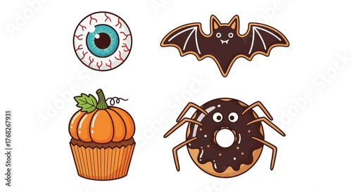 A fun vector collection of Halloween themed illustrations, including a cute cartoon eyeball, sweet bat cookie, festive pumpkin cupcake, and whimsical spider donut, perfect for spooky holiday designs