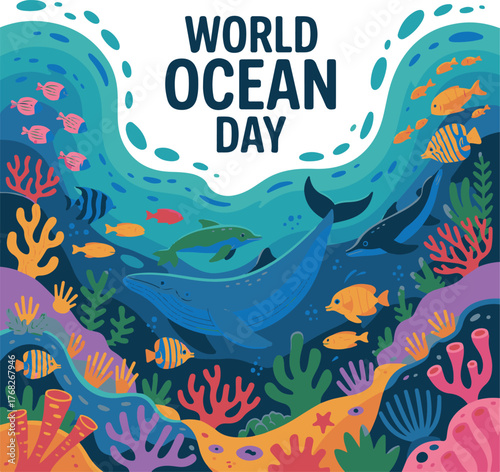Whales Dolphins Fish Coral Reef Underwater World Ocean Day Illustration marine wildlife vector illustration EPS file download.
