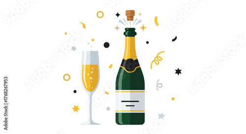 A festive celebration concept vector featuring a popping bottle of sparkling wine and a champagne flute with confetti