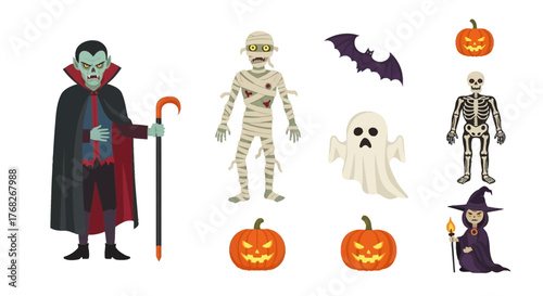 Spooky Halloween Characters and Icon Set Featuring Vampire, Mummy, and More
