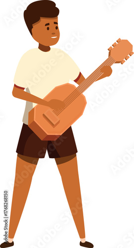Talented young boy playing an acoustic guitar, enjoying music and performing a song