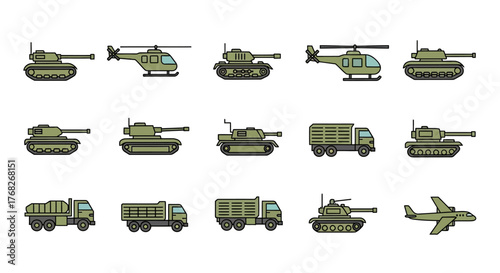 Collection of Pixelated Military Vehicles and Aircraft Including Tanks, Helicopters, Trucks, and a Jet