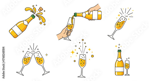 Celebration Champagne Bottle Pouring, Toasting, and Bubbles Vector Illustration Set