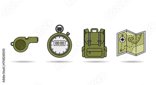 Outdoor Adventure Essentials Whistle, Stopwatch, Backpack, and Map Icons for Exploration and Travel