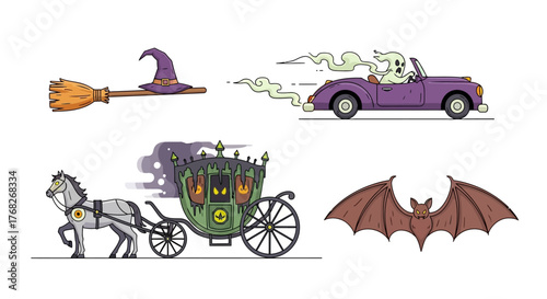 Spooky Halloween vector cartoon elements set with a witch's broom, hat, ghost in classic car, haunted carriage, and flying bat