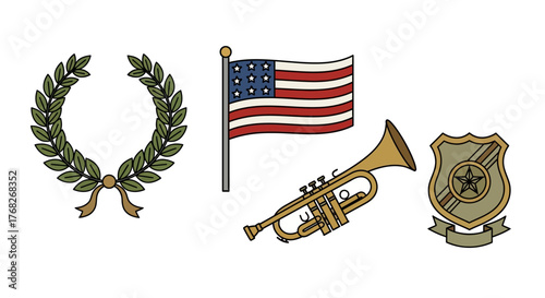 Set of American patriotic icons including a flag, laurel wreath, bugle, and service badge for memorial and honor ceremonies