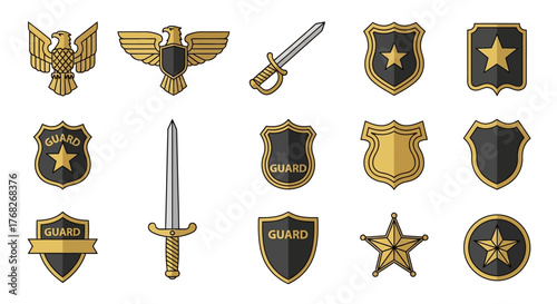 Collection of badges, shields, and swords, embodying authority and protection