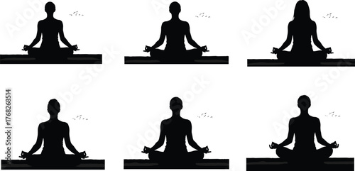 Meditation silhouette, yoga pose, mindfulness illustration, peaceful practice, spiritual calm, wellness art, serene figures, mudra hands, vector design, harmony