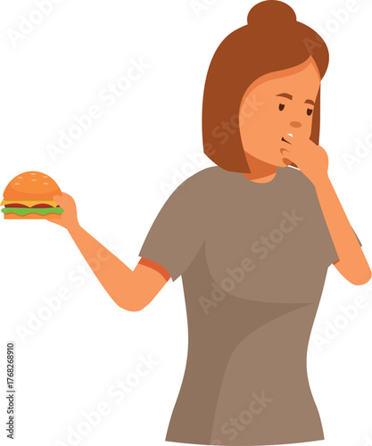 Young woman experiencing nausea while holding a burger, depicting concepts of dieting, food aversion, or morning sickness