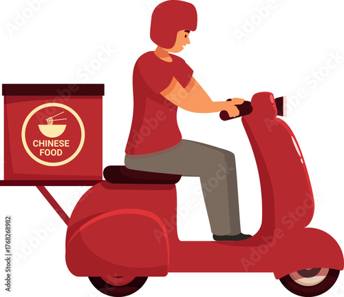 Courier delivering chinese food riding a red scooter wearing helmet