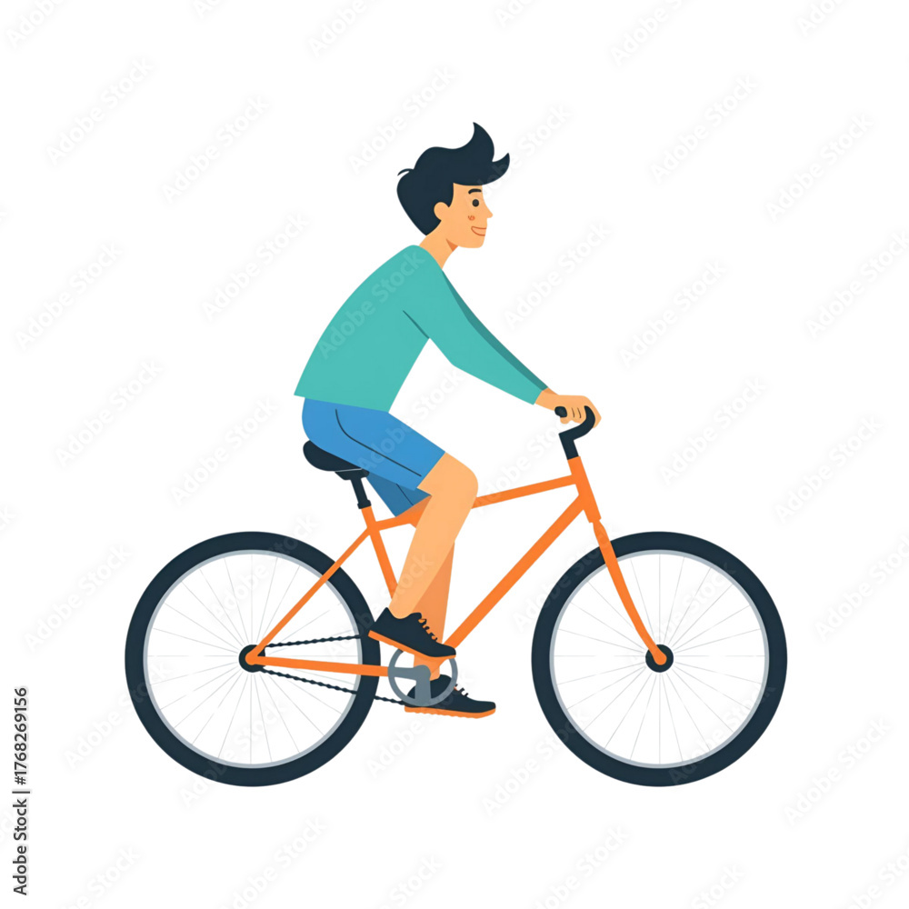 Fototapeta premium Cartoon boy riding a bicycle on white background