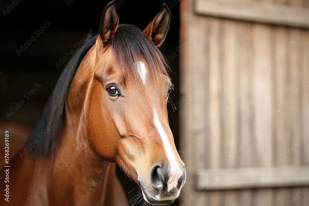 Naklejka premium A close-up of a brown horse with a glossy coat, standing in a stable, showcasing its expressive eyes and strong features against a wooden backdrop.