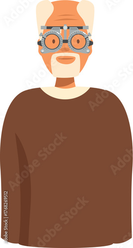 Elderly patient wearing trial frame during an eye test at ophthalmologist's office