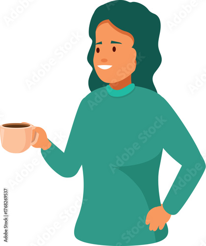 Happy woman enjoying a coffee break, holding a cup of coffee
