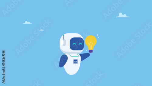 Smart robot with AI chip thinking about new lightbulb idea. AI artificial intelligence technology to think and advice new idea, machine learning chatbot to support and help, innovation or automation.