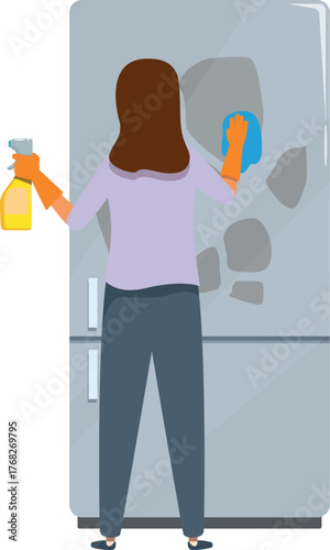 Woman wearing gloves cleaning refrigerator door with detergent spray and sponge, kitchen appliance maintenance and hygiene