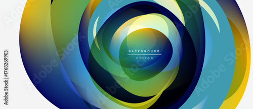 Abstract colorful layers create dynamic circular composition. Gradient hues blend, forming modern background design. Vivid visuals.